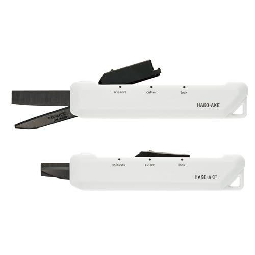 Image of KOKUYO 2-Way Portable Scissors, HAKO-AKE Compact Pocket Size Travel Scissors, Black Blade All Purpose Craft Scissor Box Cutter for Office, Travel and Home. White(Hasa-T420W)