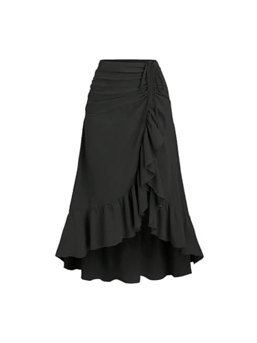 Milumia Women's Ruffle Layered Wrap Midi Skirt Drawstring Ruched Asymmetrical Flowy Long Skirt