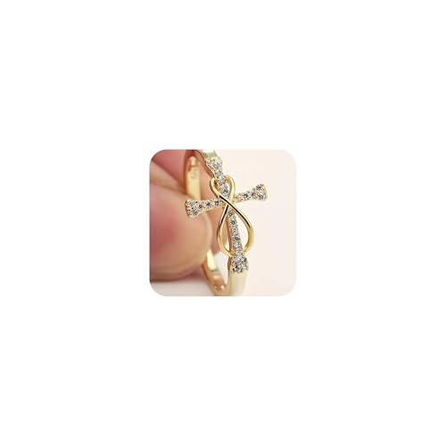 Gixaxak Cross Ring for Women Moissanite Solitaire Engagement Rings for Women, 925 Sterling Silver 14K Gold Promise Ring for Her, Round Cut Simulated Diamond Wedding Rings 6