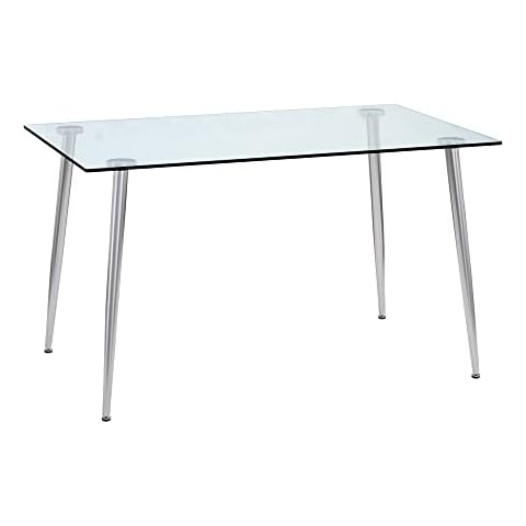 POULEII Glass Dining Table,Modern Minimalist Rectangular Table with Tempered Glass Tabletop and Silver Chrome Metal Legs for 6-8, Space Saving Dining Table for Kitchen Dining Room Cover