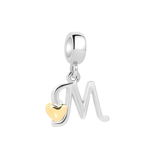 Symretie Pendentif Initiale M avec Cœur Doré en Argent 925 pour Femme, Compatible avec les Bracelets et Colliers de Style Pandora et Européen. Convient aux Femmes et aux Filles.