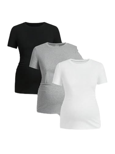 3 Pack Maternity Short Sleeve Tops Side Ruched Pregnancy T-Shirts Soft Summer Casual Women Scoop Neck Shirts