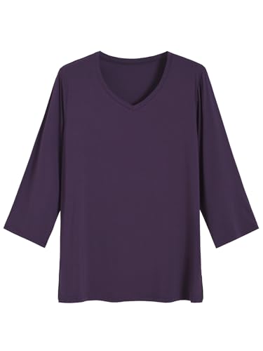 Latuza Women's Bamboo Viscose 3/4 Sleeve Pajama Top V Neck Sleep Shirt L Eggplant