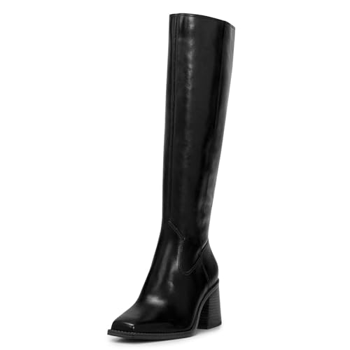 Women's Knee High Leather Boots with Zipper Square Toe Chunky Heeled Tall Boots