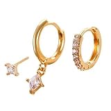 Flongo Pendientes de estrella y luna para mujer: oro de 3 piezas, juego de pendientes colgantes con circonitas apilables, acero inoxidable, regalo para novia, esposa, cumpleaños, día de San Valentín