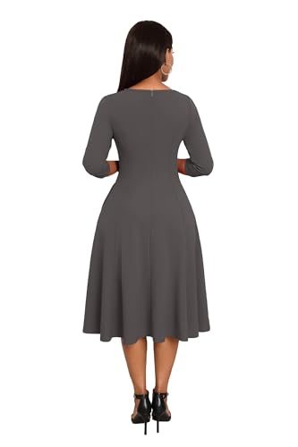 Image of Nmoder Midi Dresses for Women A-Line Fit and Flare Dress 3 /4 Sleeve V Neck Cocktail Wedding Guest Work Dress with Pockets