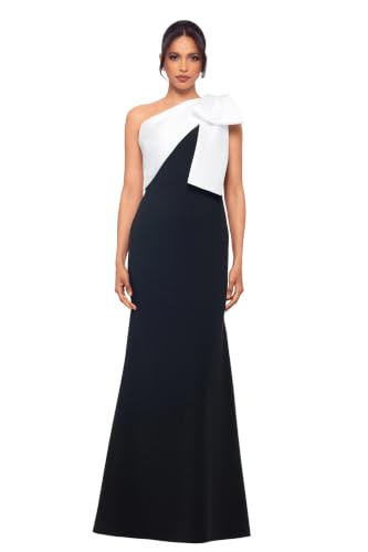 Image of Betsy & Adam Women's Floor Length One Shoulder Fit and Flare Evening Gown with Oversized Satin Bow Detail, Blac /White, 6