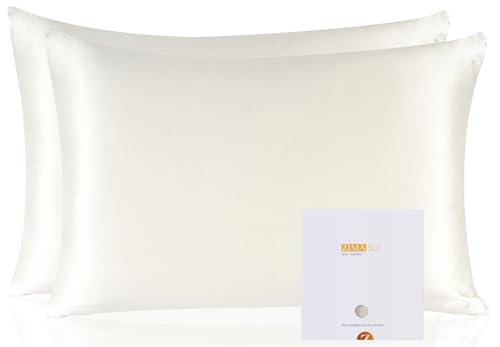 ZIMASILK 100% Pure Mulberry Silk Pillowcase 2 Pack, Soft and Smooth,Both Sides Premium Grade 6A Silk,600 Thread Count,with Hidden Zipper (Queen 20''x30'',Ivory)