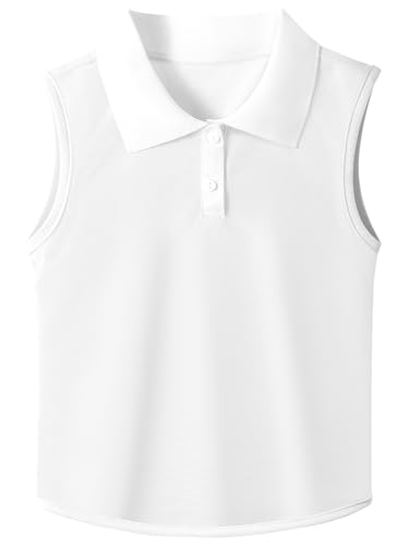 GroYolan Girls Polo Shirt Sleeveless Golf Shirts Contrast Collared Button-Up Tennis T-Shirts Quick Dry Breathable Tank Tops White
