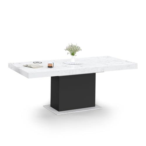 IDMarket - Table à Manger Extensible Rectangle Eden 6-10 Personnes Plateau Effet marbre Blanc Alaska et Noir 160-200 cm