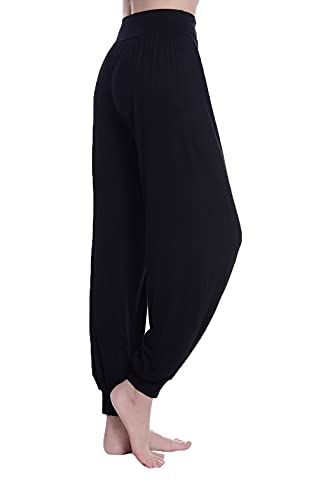 Women Casual Loose Pants Elastic Soft Odell Cotton Beach Pants Plus Size Dance Yoga Harem Pants (Black, Medium)