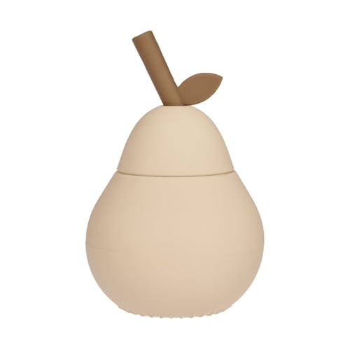 OYOY Mini Trinkbecher Silikon mit Deckel und Strohhalm für Kinder - Pear Cup Beige - Trinklernbecher in Birnen Form - L:8,5 x B:8,5 x H:13,5 cm - M107433