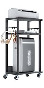 YMYNY Mobile Printer Stand, 3-Tier Printer Cart with Adjustable Storage Shelf and 6 S-Hooks, Tall Printer Table for Home Office, for Computer Tower Stand, Shredder, CPU Stand, Black, UHPT002B