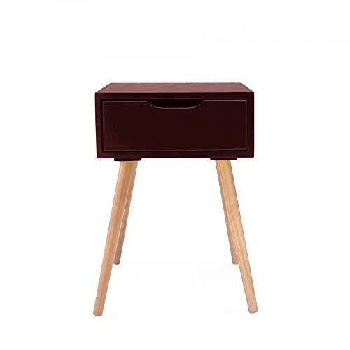 Image of Storage Nightstand Mid-Century Modern Bedside Table with Solid Wood Legs Minimalist and Practical End Side Table- 1 Drawer-Brown
