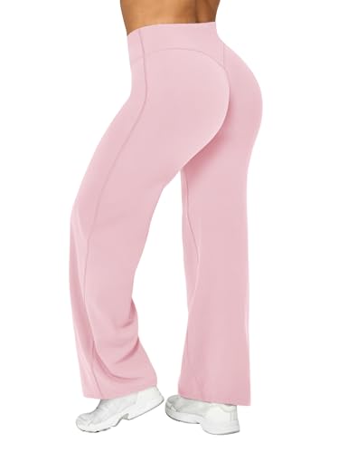 Ieumaz Women Straight Leggings Bottoms High Waist Gym Workout Leggings Stretch Casual Wide Leg Yoga Pants Pink