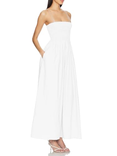 Aigeman Women Detachable Strap Dress Strapless Smocked Bodice Maxi Dress Pockets Long Swing Flowy Beach Sundress 3734