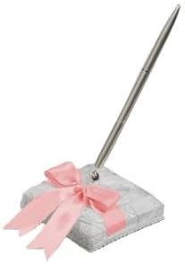 RaeBella Weddings Bridal White Chantilly Lace with Rose Petal Pink Satin Ribbon Accent Square Pen Holder Base Set for Sign in Guest Book GREAT LUXURY GIFT IDEA