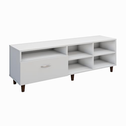 Image of VIKI Modern TV Unit for Living Room | Engineered Wood TV Cabinet with 1 Drawer Storage & 3 Open Shelves, Set Top Box Stand, Entertainment Unit, 140W x 48H x 40D cm | DIY | 1 Year Warranty (White)