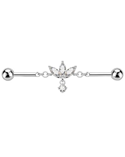 COCHARM 14g Lotus Flower Industrial Piercing Jewelry 38mm Length Dangle Industrial Bar Cute Silver Tone Surgical Steel Industrial Earring for Women