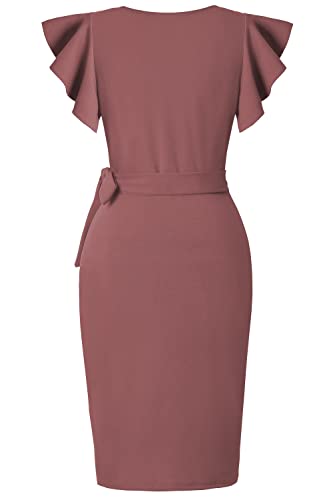 Image of oten Womens Deep V Neck Ruffle Sleeve Sheath Casual Cocktail Party Work Faux Wrap Dress