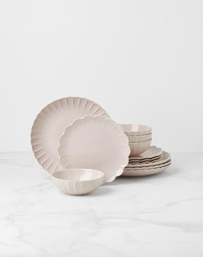 Image of Lenox Dinnerware Set, French Perle Scallop Blush 12-Piece Set, Service For 4, Stoneware, Dishwasher Safe, Microwave Safe, Plates and Bowls sets, Dish Set, Plate Set, Home And Kitchen (Pink, 12 Piece)