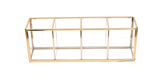 Image of Gold Glass Makeup Brush Organizer - Cosmetic Brush Holder with Metal Frame for Vanity, Dressing Table & Bathroom Counter - Multi Slot Makeup Storage - 29 x 7.5 x 10 cm