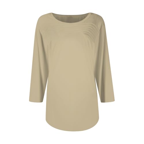 Tops for Women Trendy 3/4 Sleeve Summer Shirts Casual Solid Tops Pleated Crewneck 3/4 Length Sleeve Blouses Curved Hem2