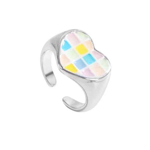 Bague cœur émail carreaux anti-ternissement, métal argenté pour un style sans faille