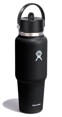 Hydro Flask Travel Water Bottle - Insulated Stainless Steel - Wide Straw Lid, Non Spill, Leakproof in 32 Oz Black
