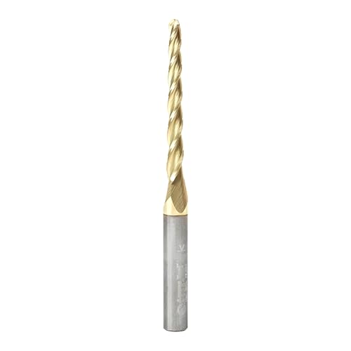 Image of Amana Tool Up Cut Spiral CNC Router Bits for 2D /3D Carving, ZrN Coated, 46284, 1 Deg Tapered Angle Ball Tip 1 /8 D x 1 /16 R x 1-1 /2 x 1 /4 Shank x 3 Fl