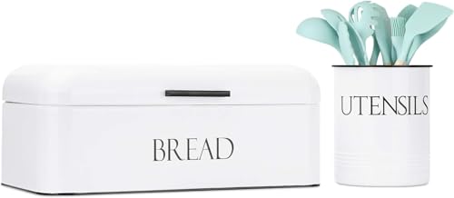Outshine Vintage Metall Brotkasten & Küchenutensilienhalter Set, weiß | Großer mit Schwingdeckel Bauernhaus-Brotkasten Utensilienhalter für Arbeitsplatte Küchendekoration Einweihungsgeschenk