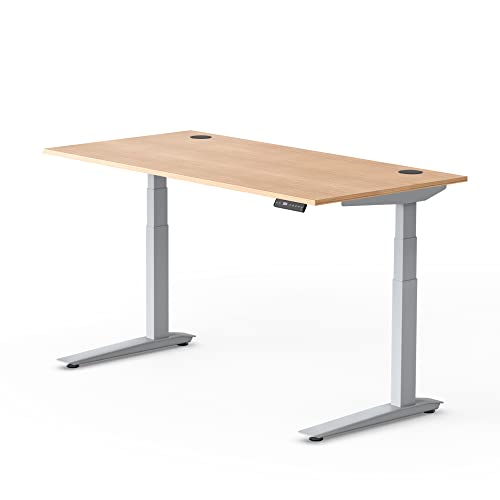 Image of Fully Jarvis Standing Desk 48 inch x 27 inch Natural Oak Veneer Top - Electric Adjustable Desk Height from 25.5 inch to 51 inch with Memory Preset Controller (Rectangle, Silver Frame)
