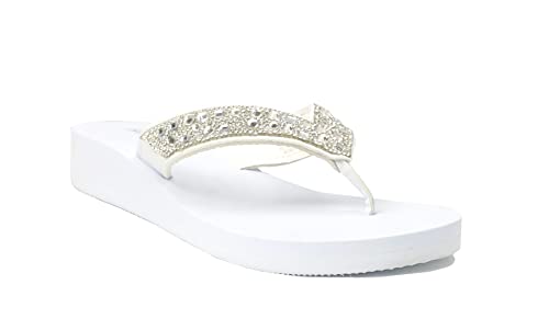 Image of REDVOLUTION New Women's Rhinestone Sandals High | Low Platform T-Strap Jewel Sandals High Wedge Flip Flops