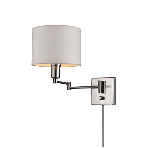 Globe Electric 65292 Bernard 1-Light Plug-in or Hardwire Wall Sconce, Brushed Steel Finish, White Fabric Shade, 6ft Clear Cord, Rotary On/Off Switch by Globe Electric - Used condition - CA$20.19