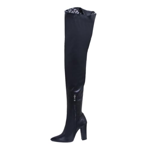WILDKATZEN Chap Boots for Women Pointed Toe Chunky Heel Over The Knee Boot PU Black Size 10.5