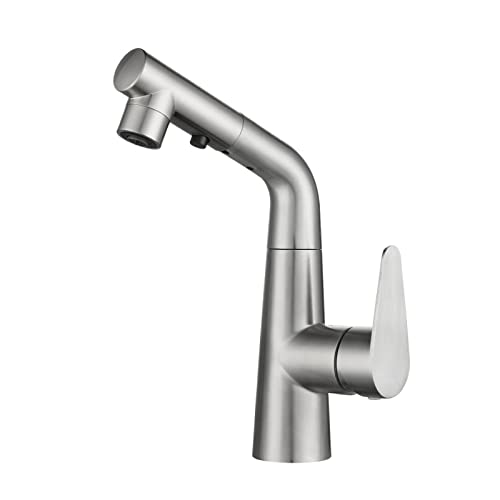 Mitigeur de lavabo avec douchette extractible et bouton pause en acier inox