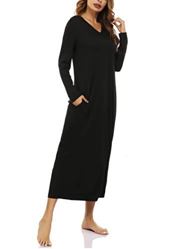 Marvmys Women Cotton Long Nightgowns Long Sleeves Nightshirts V Neck Full Length Sleep Shirts with Pocket3