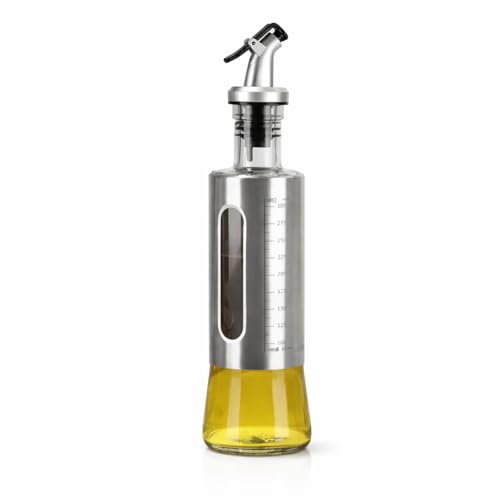 MOMENT 300ml Cooking Oil Dispenser Bottle Thickened Food Grade Glass and Stainless Steel with Measuring Scale and Auto Flip Non-Drip Spout for Kitchen Olive Oil Soy Sauce Vinegar Sesame Oil