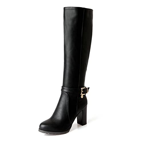 VULTRO Women's Wide Calf Comfortable Winter Knee High Retro Riding Boots with Buckle