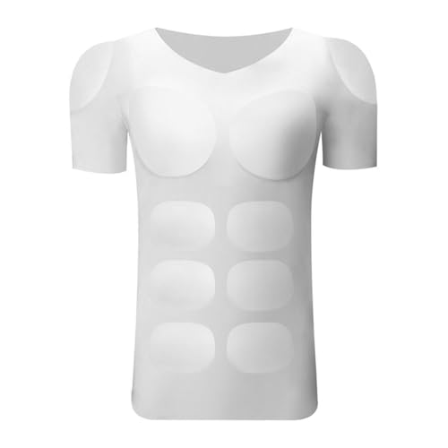 Qianly Fake Muscle Suit Shirt Men Simulation Padded Muscle Shirt for Dress Wedding, L White2