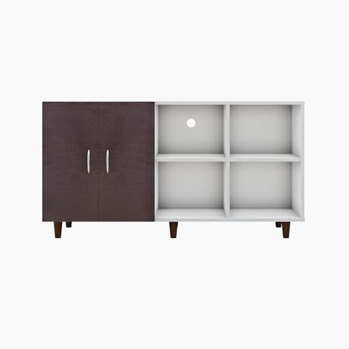 Image of VIKI Modern TV Unit for Living Room | Engineered Wood TV Cabinet with 2 Door Storage & 2 Open Shelves, Entertainment Unit, 140W x 74H x 40D cm | DIY | 1 Year Warranty (White & Wenge)