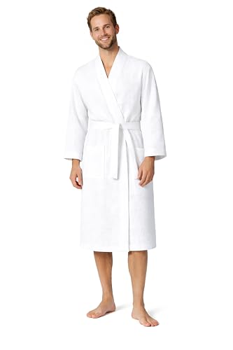 Turkish Linen Men&rsquo;s Waffle Bathrobe Lightweight Kimono Spa Robe &ndash; Quick Dry Bath & Shower Robe...