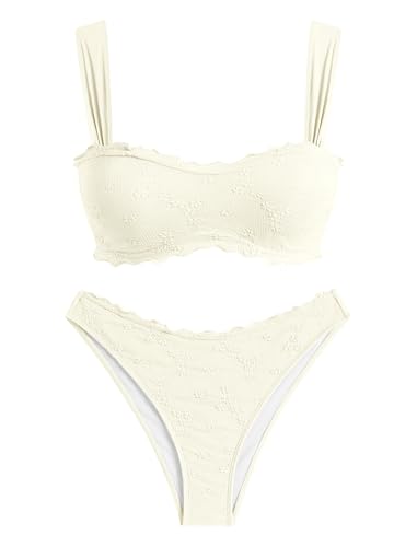 ZAFUL Lace Bikini Set for Women Wide Straps Solid Ruffle High Cut 2 Piece Swimsuit Bathing Suits (Milk White,M)