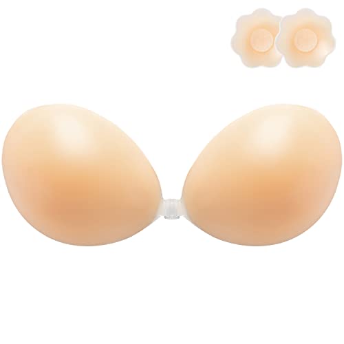 Sefinel Women Adhesive Strapless Bra Sticky Invisible Push Up Silicone Bra For Backless Dress With Nipple Covers （B） #TOP25