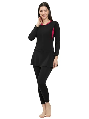 Image of Women Color Block Full Coverage One Piece Swimsuit with Removable Chest Pads Front Zipper Frock Style Design Swimming Costume