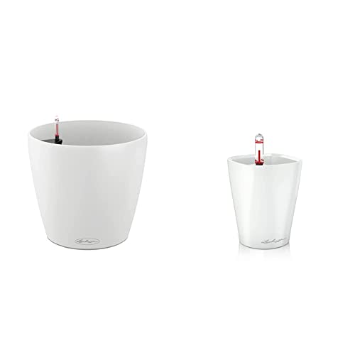 LECHUZA CLASSICO Color 18, Weiß, Hochwertiger Kunststoff, 13261 & 14950 MINI-DELTINI Tischgefäß, Hochwertiger Kunststoff, Herausnehmbarer Pflanzeinsatz, Für Innenraumbegrünung geeignet, weiß hochglanz