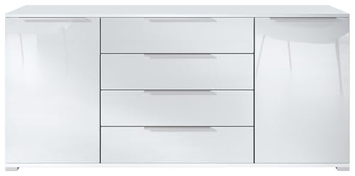 Vladon cómoda Linio V2 166,5 x 72,5 x 35 cm aparador con 2 Puertas y 4 cajones, Carcasa en Blanco Mate, frentes en Blanco de Alto Brillo