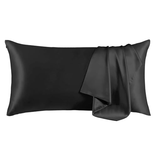 THXSILK 100% Mulberry Silk Pillowcase for Hair and Skin, Both Sides Pure Natural Silk, Ultra-Soft and Breathable Black Zipper Pillowcase, California King Size 20"x40"