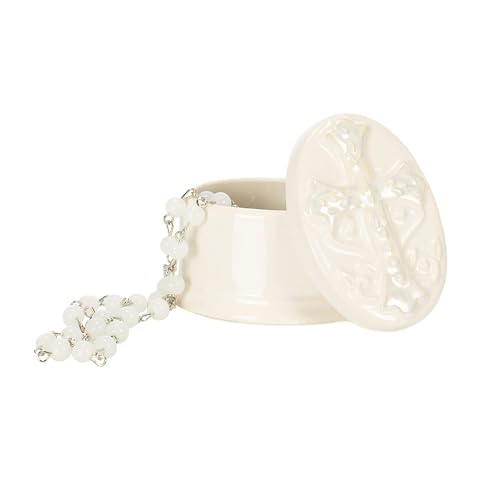 DEMDACO Rosary Classic White 3 x 2 Glossy Porcelain Decorative Trinket Box Set