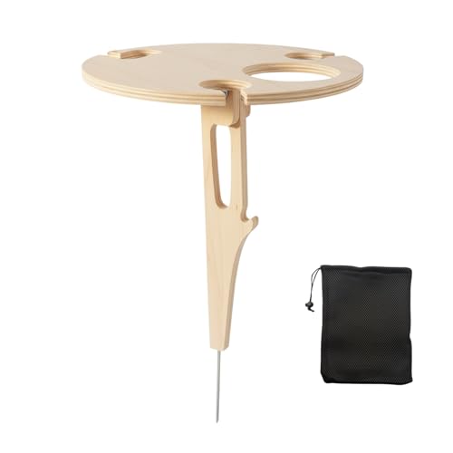 Portable Outdoor Wine Table with Removable Round Wooden Wine Rack Ground Fixing Design Comes with Storage Bag Small Picnic Table for Wine Lovers Ideal for Garden Lawn Beach Easy to Carry & Store